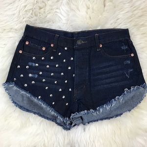 High Waist Dark Denim Studded Cut Off Shorts